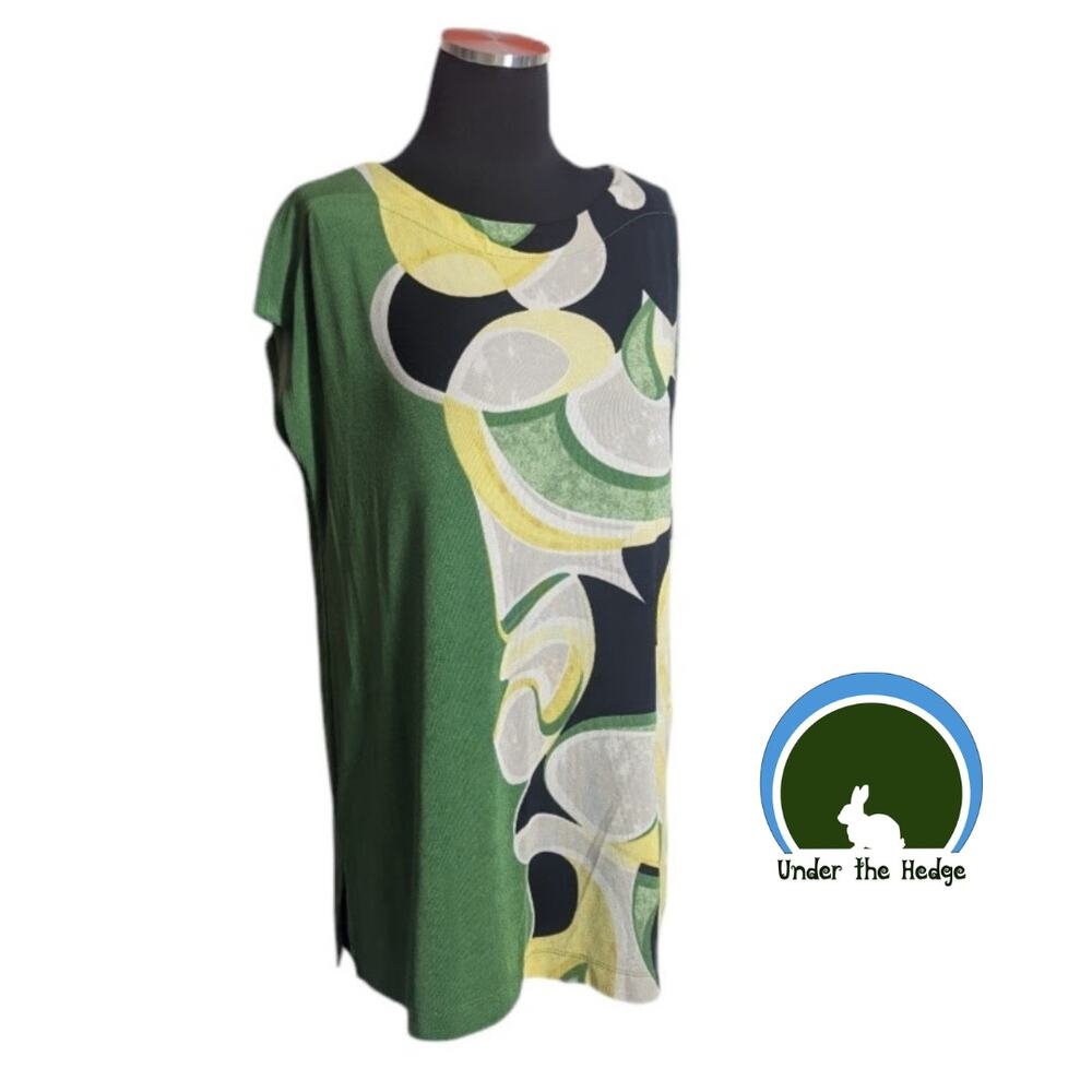 Vtg Chicos Green Abstract Slinky Cap Sleeve Top | Medium | Travel Casual Chic